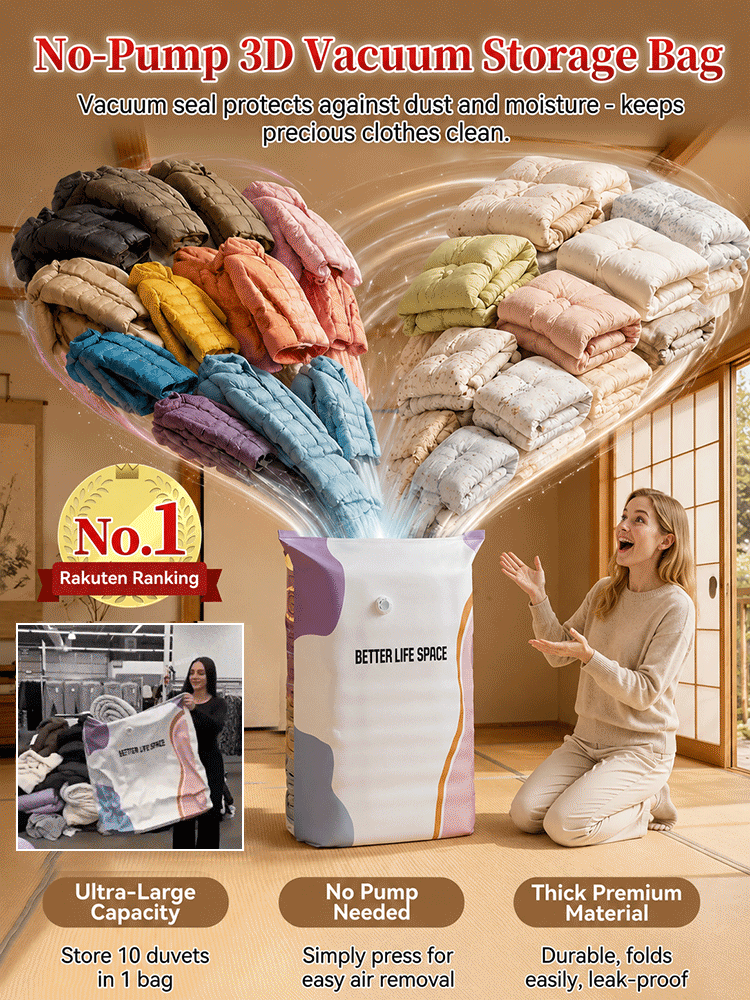 📦 No-Pump 3D Vacuum Bag | Save 80% Space | Fast Compress | Heavy Duty | Moisture Proof Closet Organizer clothes 👚