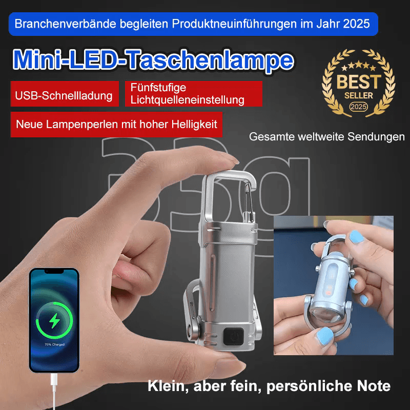 【SOS Notfalllampe + Taschenlampe + Powerbank】Mini-Taschenlampe als Schlüsselanhänger, fünf Helligkeitsstufen