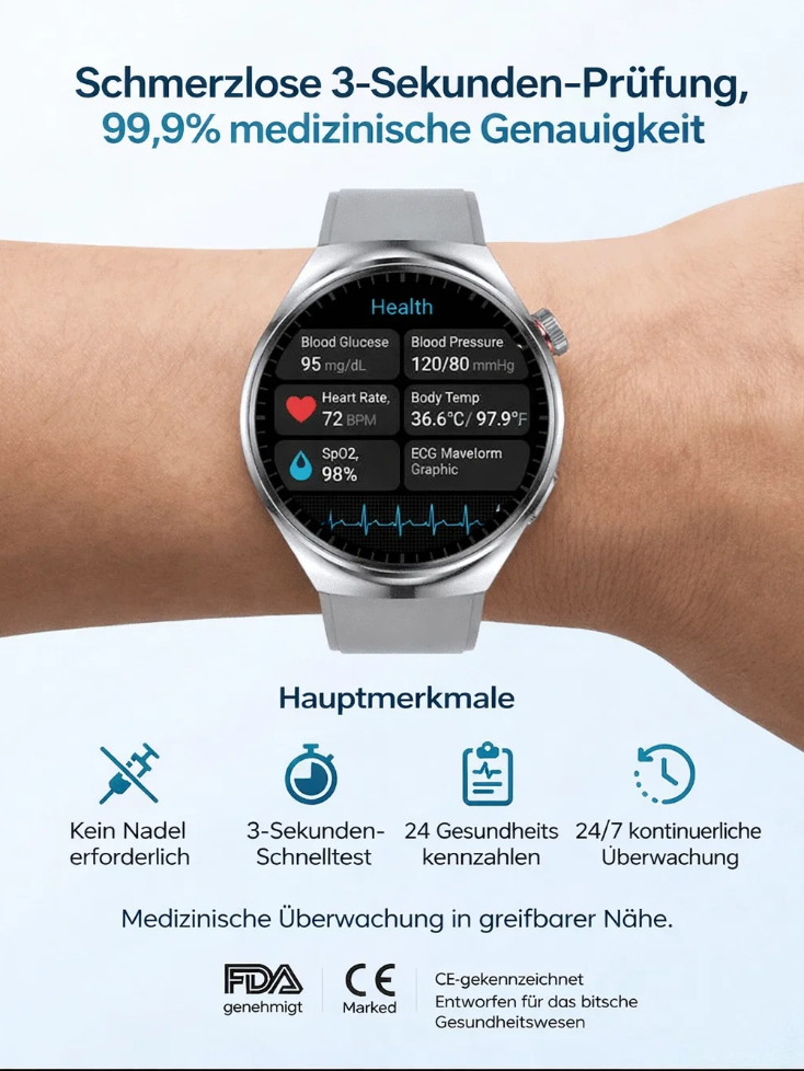 【Abschied von den Stichen!】Deutsche Glukose-Uhr: Schmerzfreie 5-in-1-Messung  