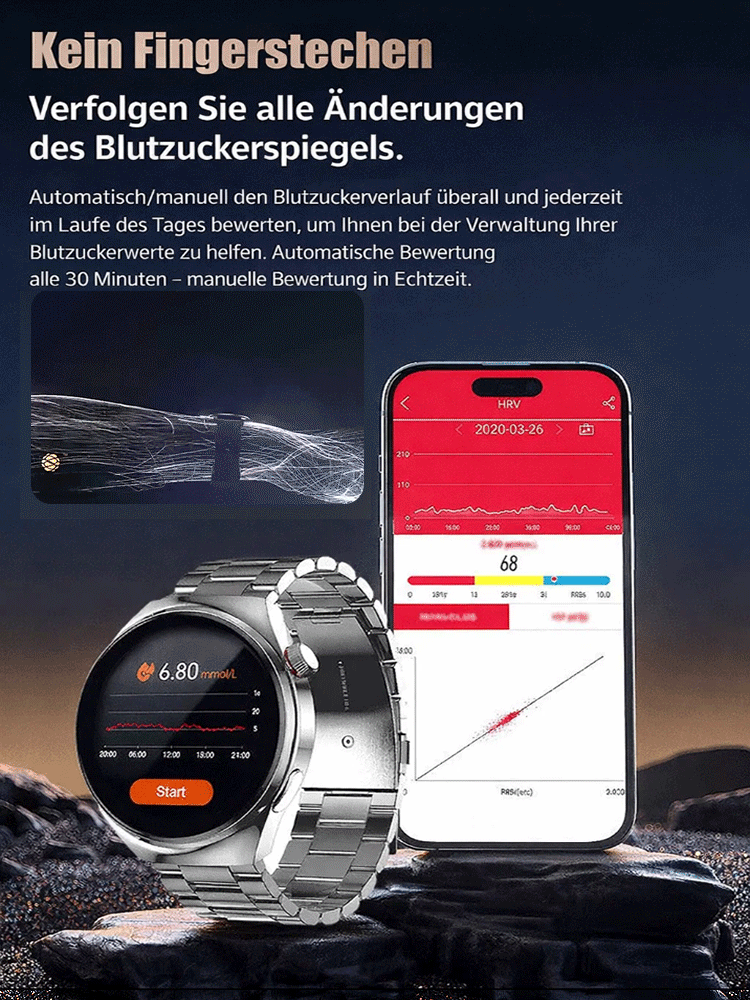 【Abschied von den Stichen!】Deutsche Glukose-Uhr: Schmerzfreie 5-in-1-Messung  