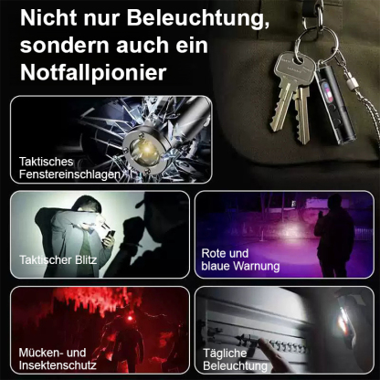 【Taschenlampe + Feuerzeug + Fensterbrecher】Schlüsselanhänger starker Licht aufladbare Mini-Taschenlampe