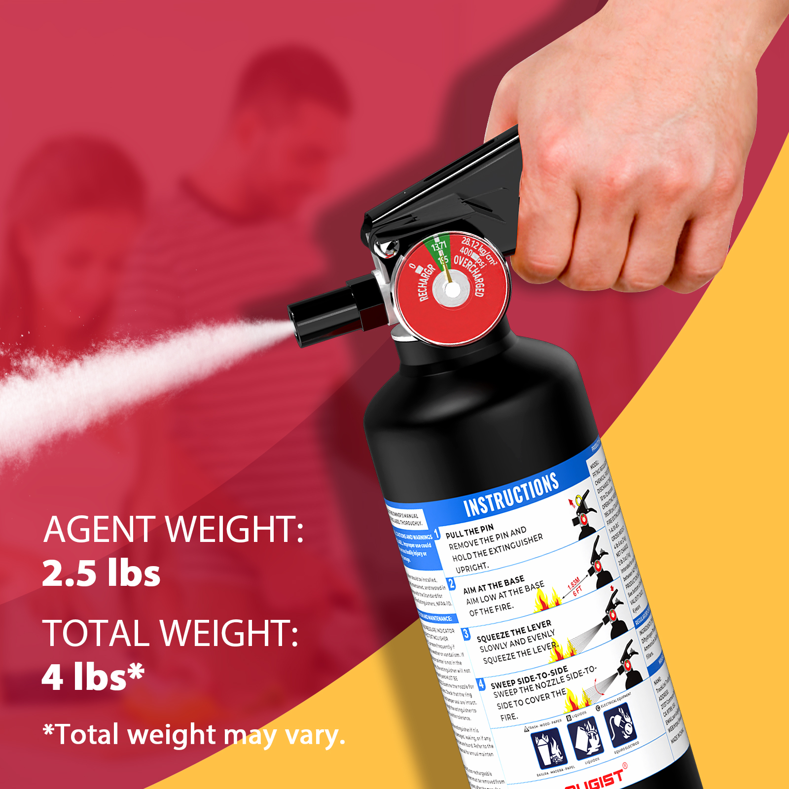 Ougist 2.5 lb ABC Dry Powder Fire Extinguisher – 1A:10B:C Rated | Portable Black Fire Extinguisher for Home, Kitchen, Car & Office | Easy Grip & Quick Release | Model FF1KG