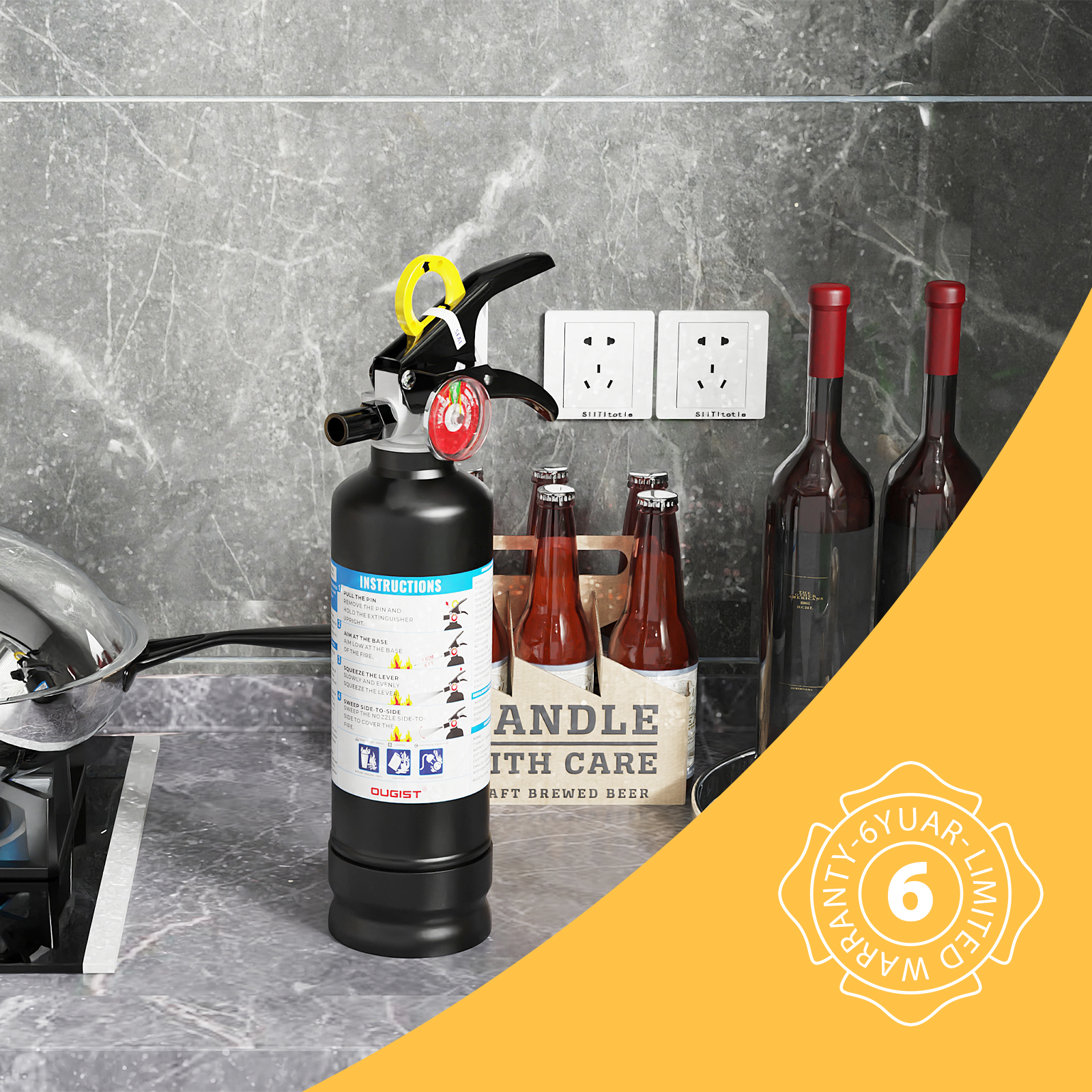 Ougist 2.5 lb ABC Dry Powder Fire Extinguisher – 1A:10B:C Rated | Portable Black Fire Extinguisher for Home, Kitchen, Car & Office | Easy Grip & Quick Release | Model FF1KG