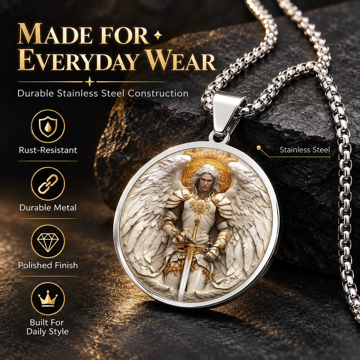 Stainless steel angel warrior necklace — polished finish and durable chain
