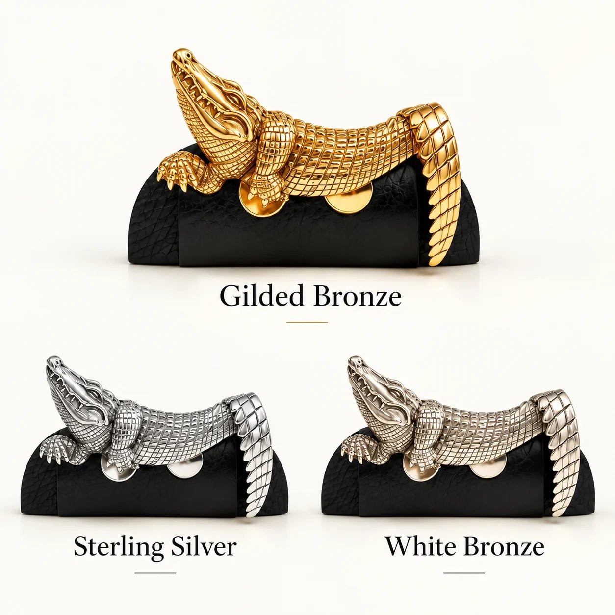Alligator pocket brooch shown in three metal finishes