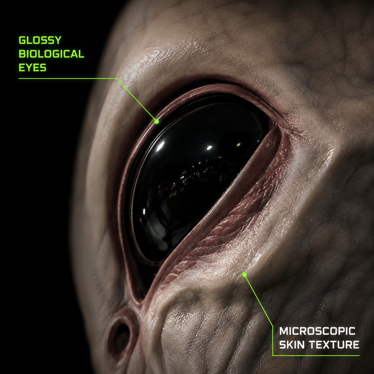 Close-up glossy alien eye and skin texture