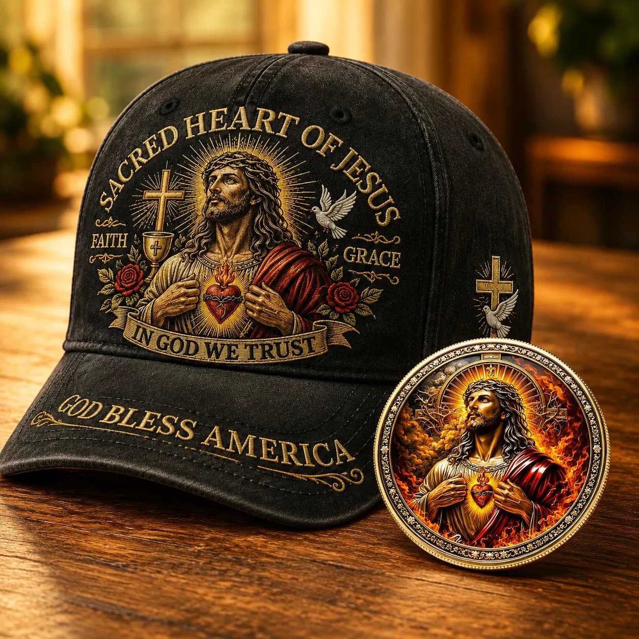 ✝️Sacred Heart Of Jesus Faith Cap🎁 Free Double-Sided Honor Coin With Every Cap Purchase - Black / Free Honor Coin With Every Cap Purchase / Adjustable (One Size Fits Most - 22" – 23.6")