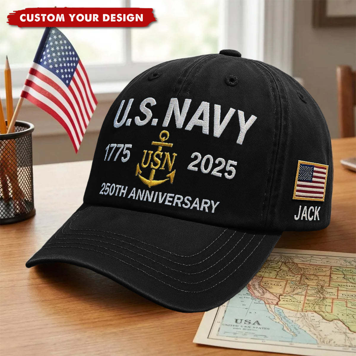 Custom Name U.S. Navy 250th Anniversary Hat, Veteran Gift