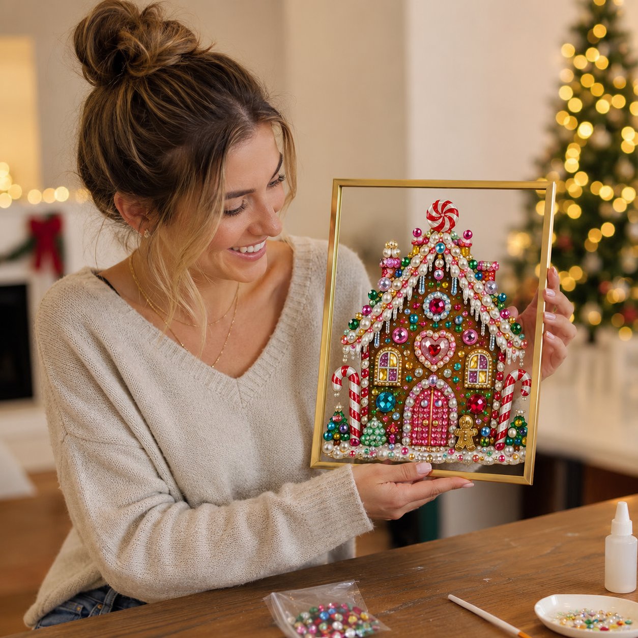 ✨Limited-Time 70% OFF–🎄 DIY Jeweled Christmas Tree Art Kit | Colorful Gems, Pearls, Paints & Gold-Tone Floating Display Frame 💎✨