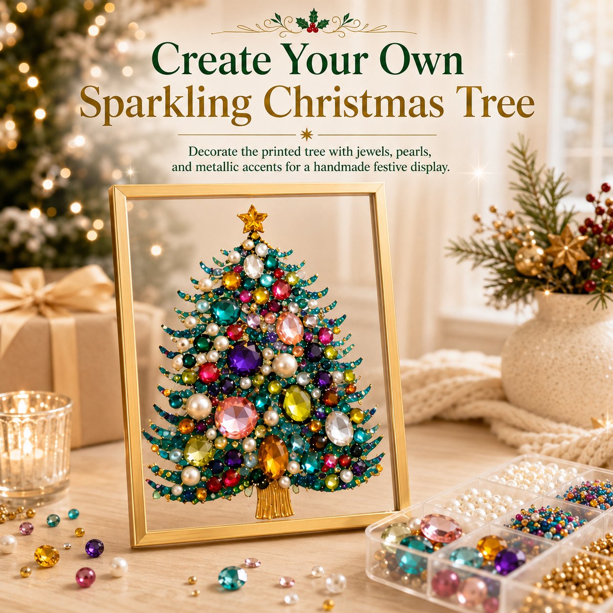 ✨Limited-Time 70% OFF–🎄 DIY Jeweled Christmas Tree Art Kit | Colorful Gems, Pearls, Paints & Gold-Tone Floating Display Frame 💎✨