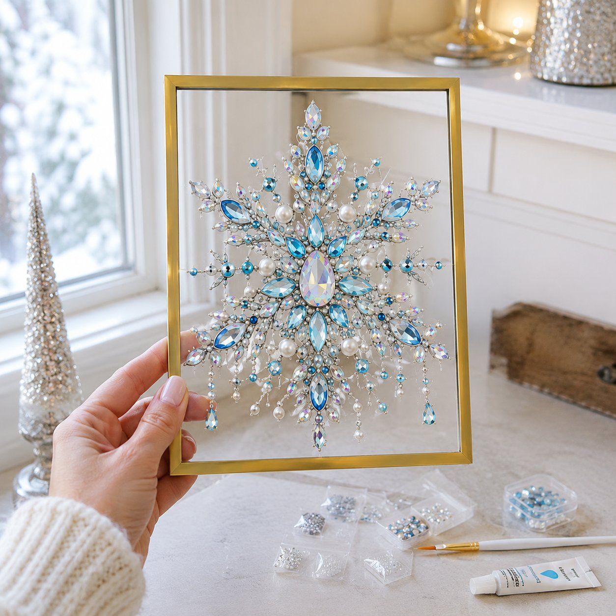 ✨Limited-Time 70% OFF–🎄 DIY Jeweled Christmas Tree Art Kit | Colorful Gems, Pearls, Paints & Gold-Tone Floating Display Frame 💎✨