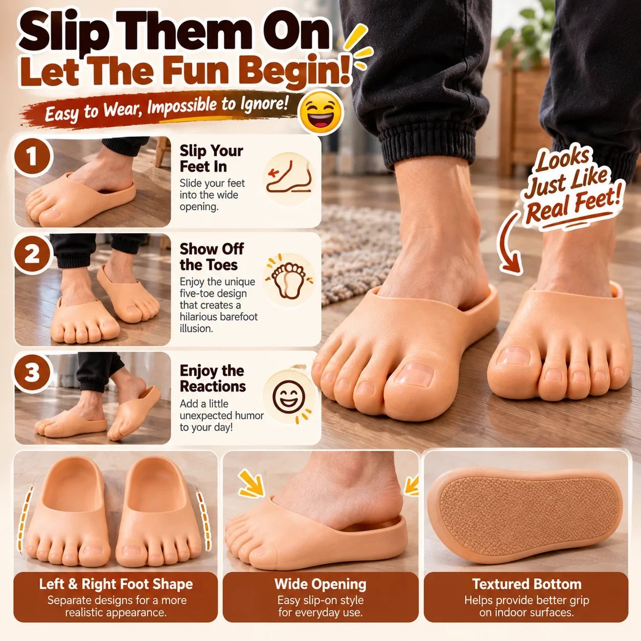 🔥Last 40pcs🎉-😂 Realistic Barefoot Slippers – Funny Giant Toe Slides, Hilarious Prank Gift 👣