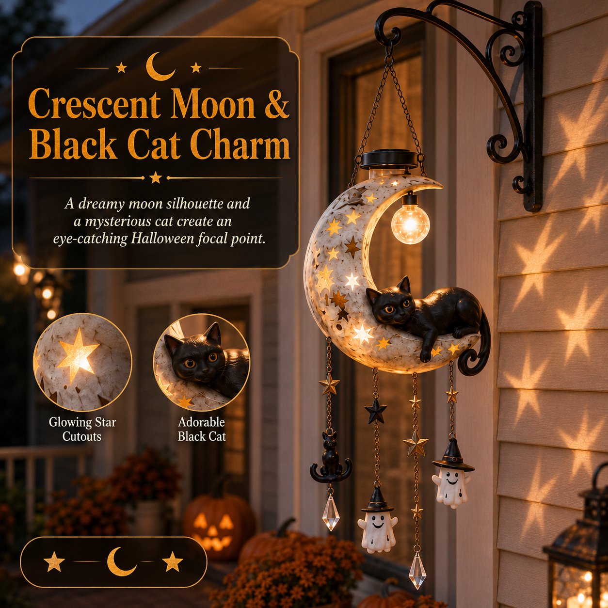 Detailed crescent moon and black cat Halloween hanging lantern
