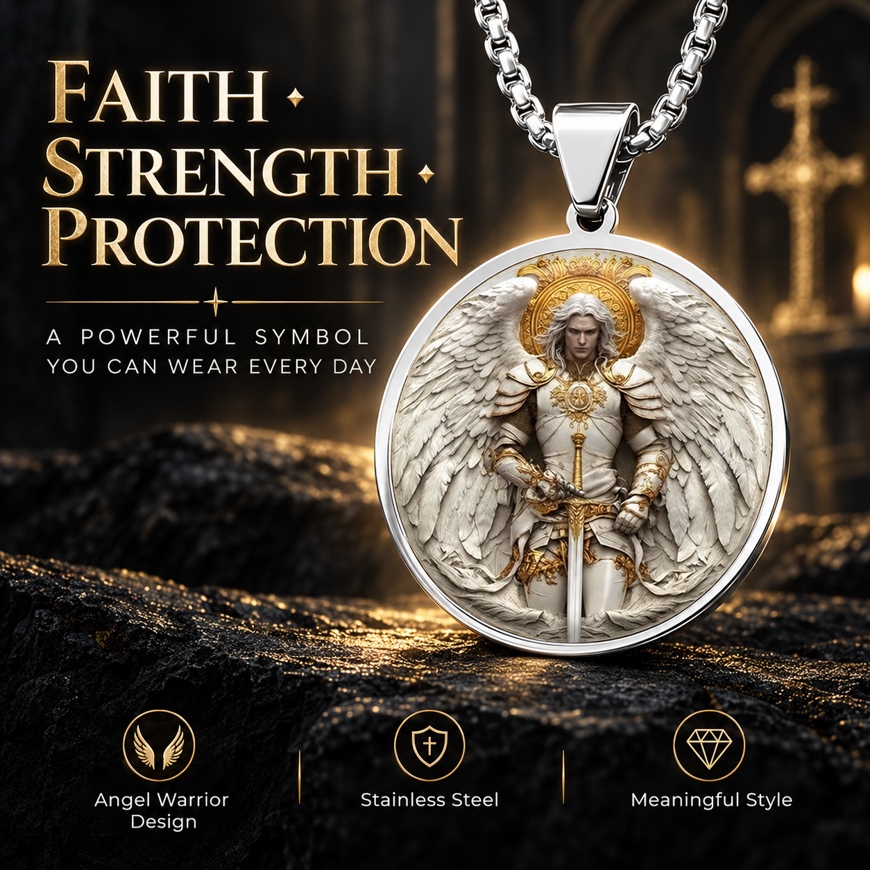 Angel Warrior Pendant Necklace — Faith and Strength Symbol for Men