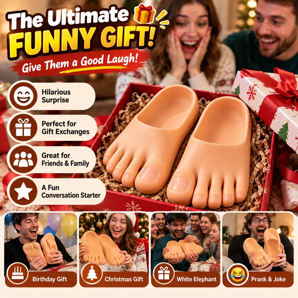 🔥Last 40pcs🎉-😂 Realistic Barefoot Slippers – Funny Giant Toe Slides, Hilarious Prank Gift 👣