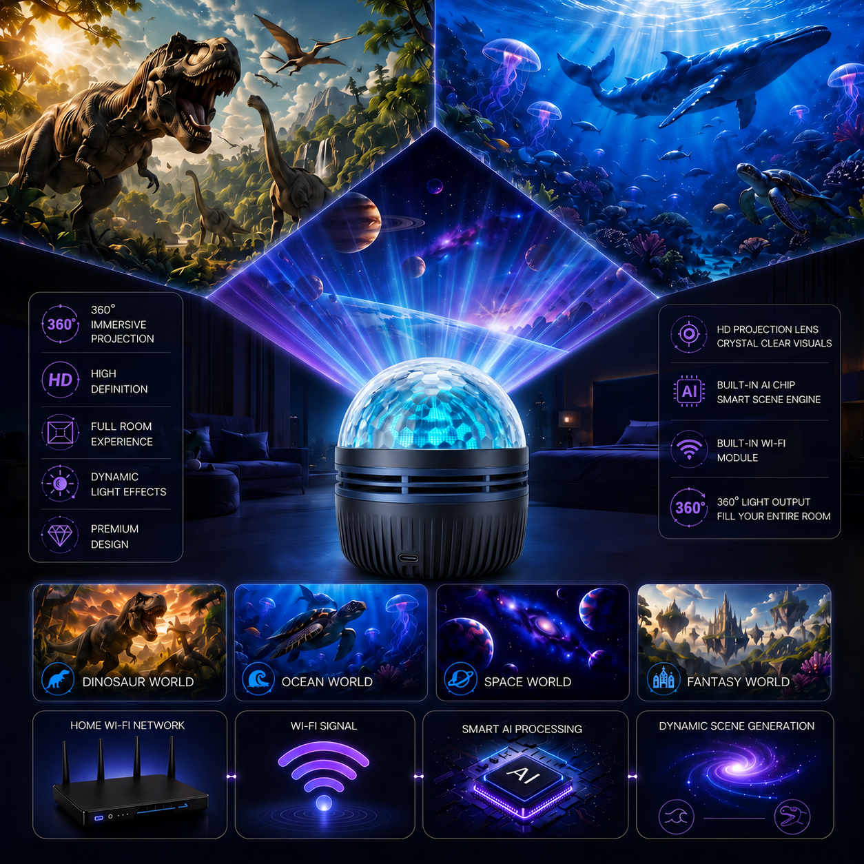 🦖 360° Galaxy Projector — Transform Your Room in Seconds
