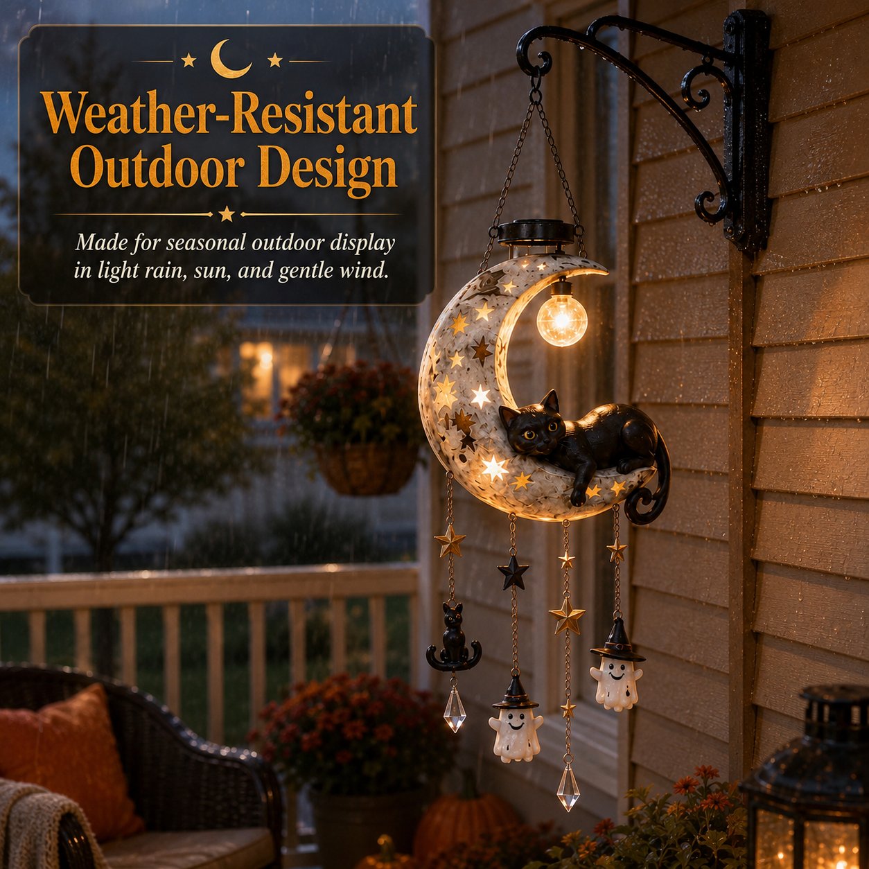 Weather-resistant Halloween solar hanging light on a covered porch