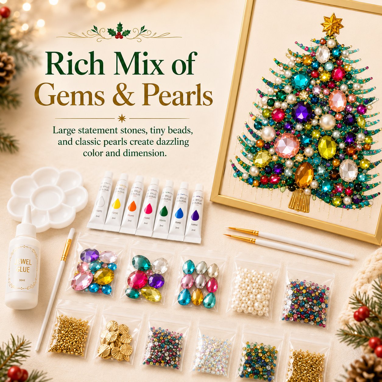 ✨Limited-Time 70% OFF–🎄 DIY Jeweled Christmas Tree Art Kit | Colorful Gems, Pearls, Paints & Gold-Tone Floating Display Frame 💎✨