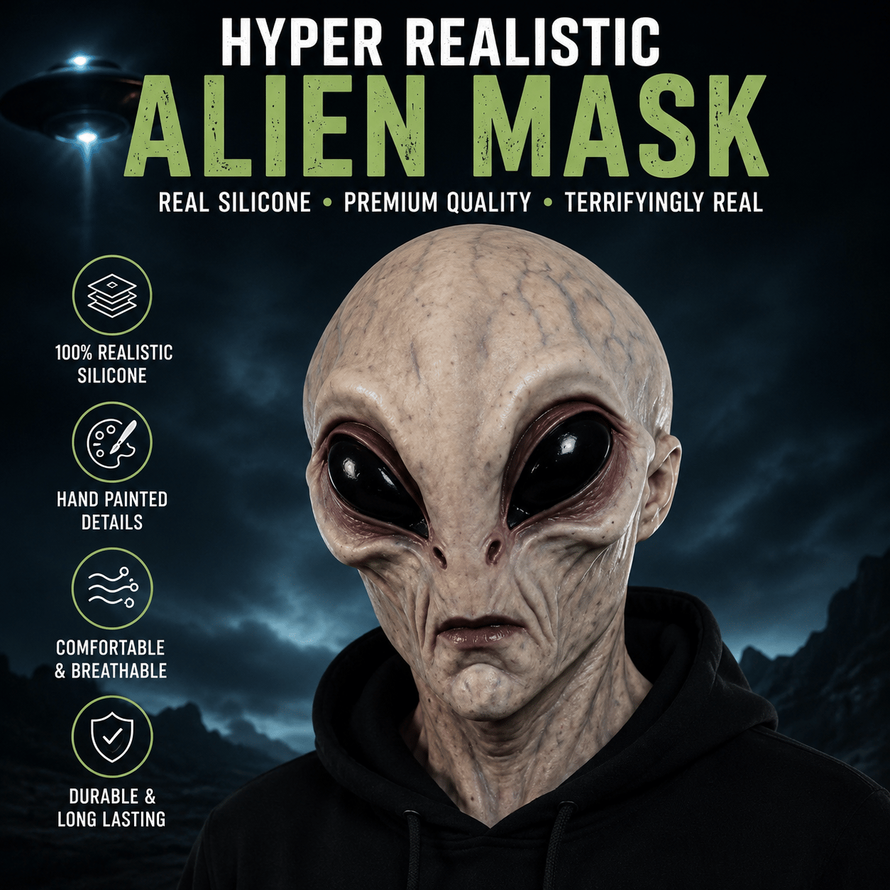 Lifelike grey alien silicone mask