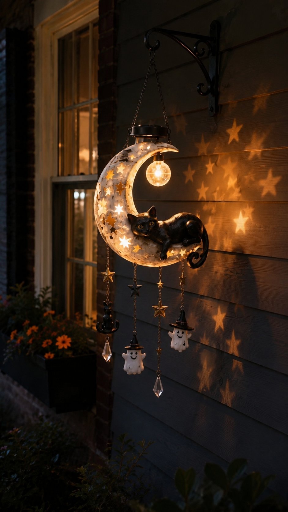 Customer porch display of the glowing black cat moon light