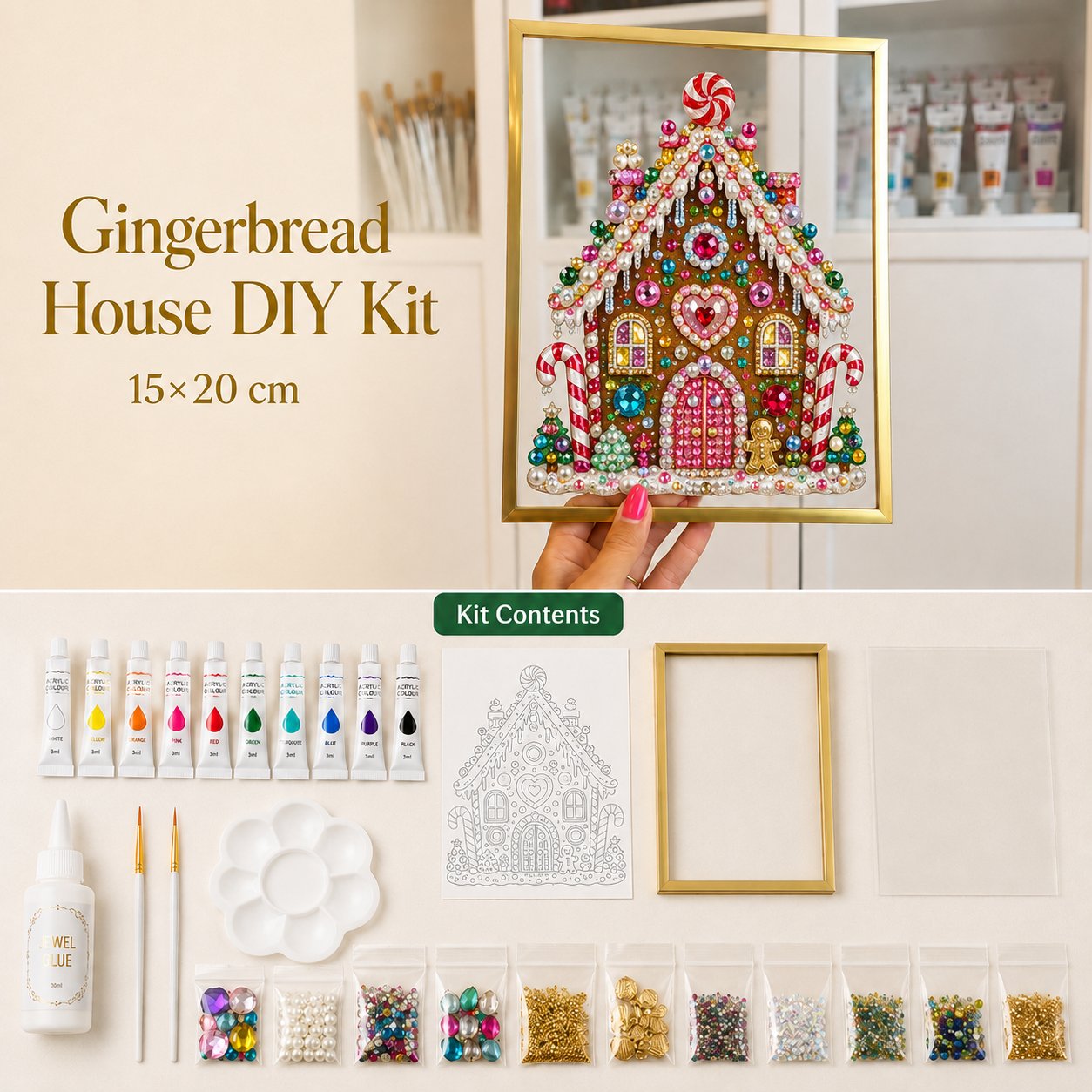 ✨Limited-Time 70% OFF–🎄 DIY Jeweled Christmas Tree Art Kit | Colorful Gems, Pearls, Paints & Gold-Tone Floating Display Frame 💎✨