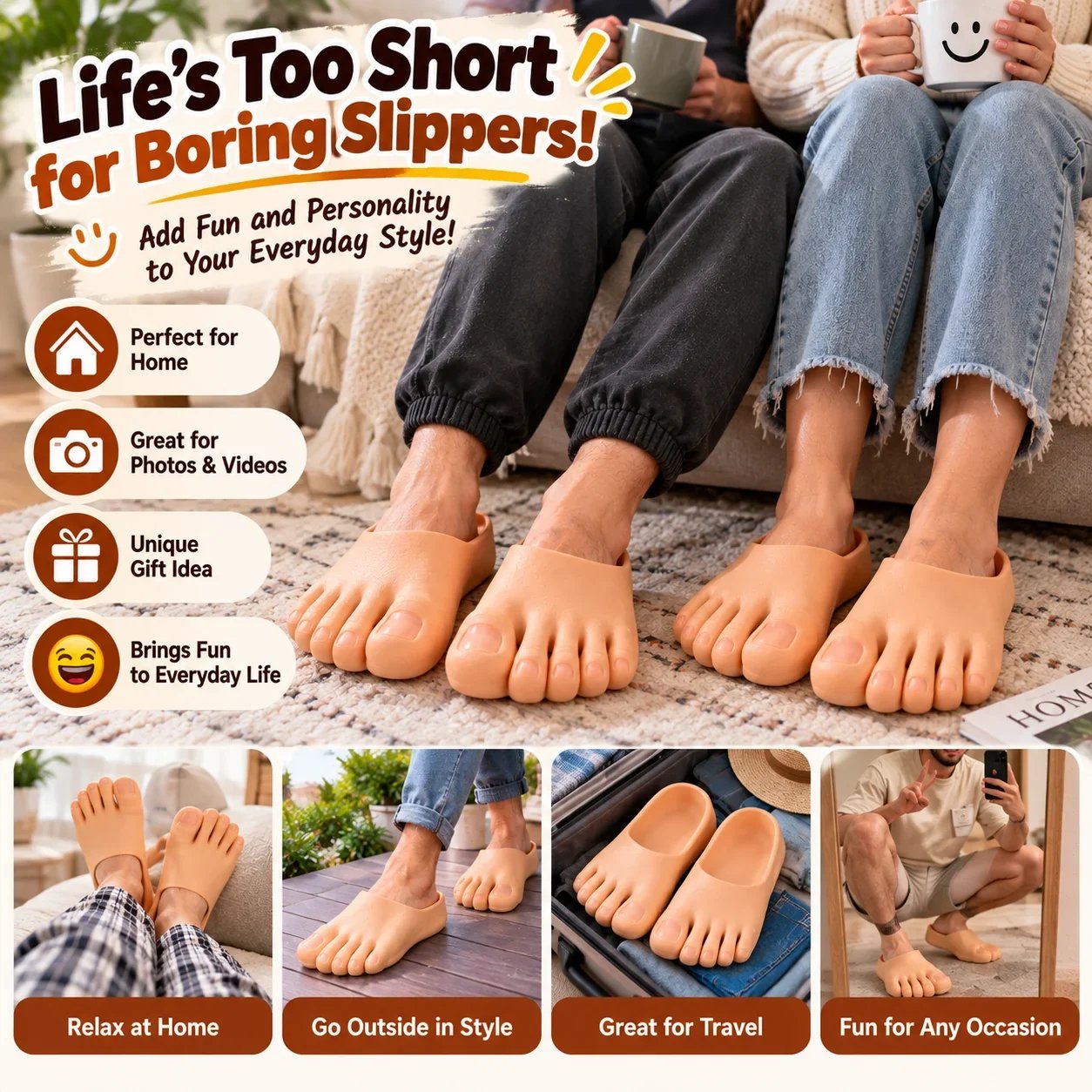 🔥Last 40pcs🎉-😂 Realistic Barefoot Slippers – Funny Giant Toe Slides, Hilarious Prank Gift 👣