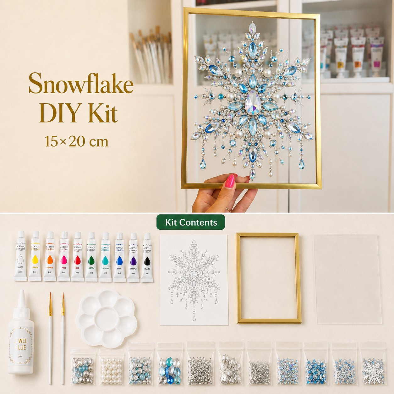 ✨Limited-Time 70% OFF–🎄 DIY Jeweled Christmas Tree Art Kit | Colorful Gems, Pearls, Paints & Gold-Tone Floating Display Frame 💎✨