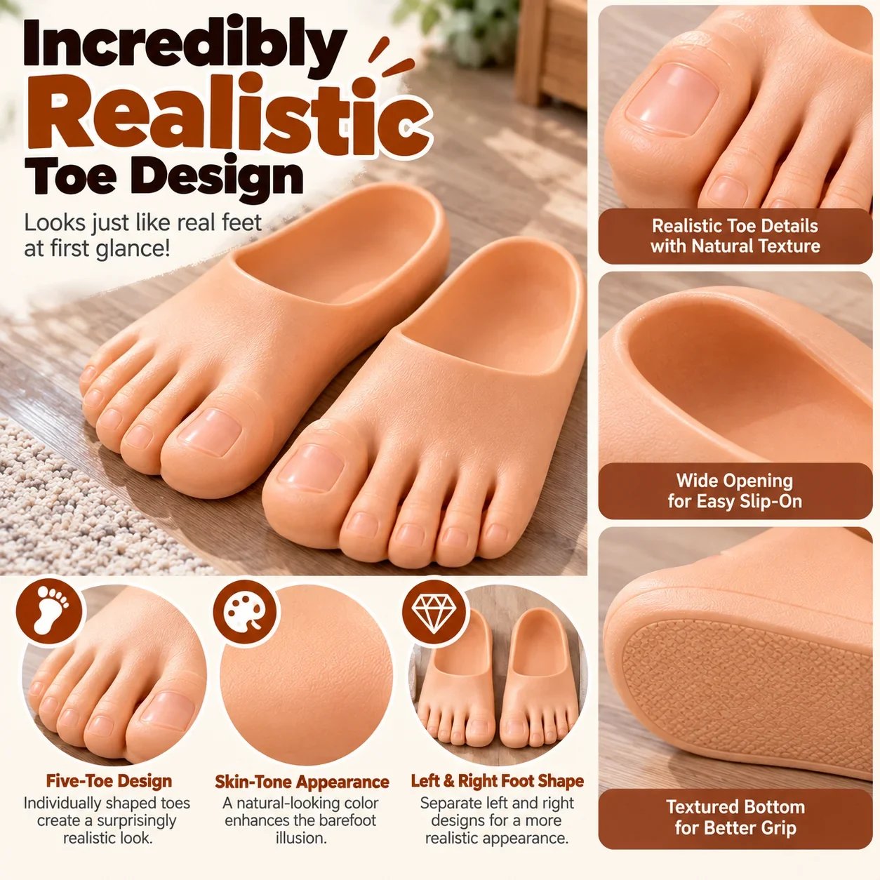 🔥Last 40pcs🎉-😂 Realistic Barefoot Slippers – Funny Giant Toe Slides, Hilarious Prank Gift 👣
