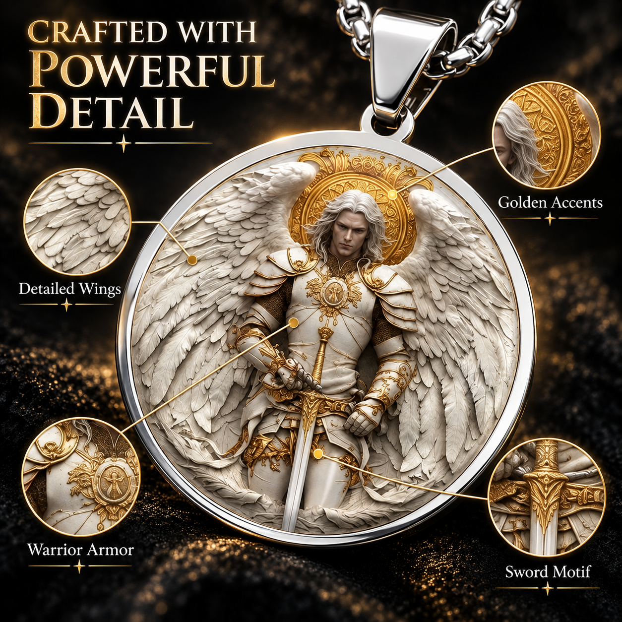 Close-up of Angel Warrior pendant artwork — wings, armor and gold accents
