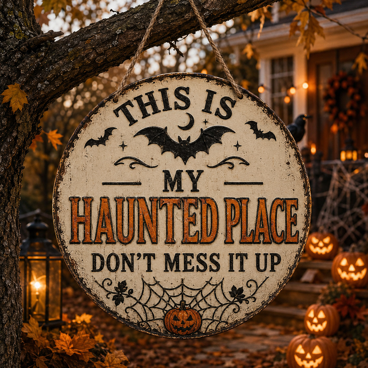 Bold black and orange Spooky Place Halloween hanging sign