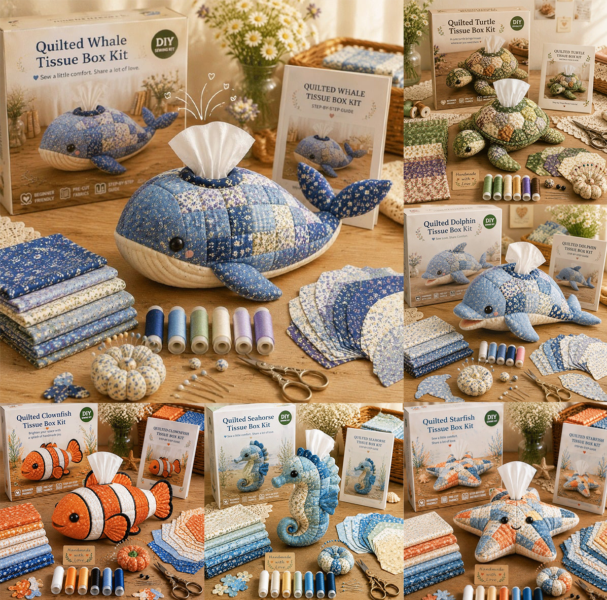 🔥Limited Edition - 🧵 Quilted sea Animal Tissue Box DIY Kit 💖