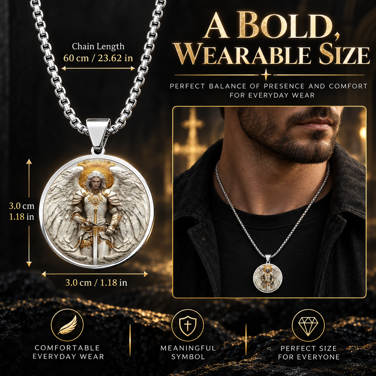 Angel Warrior necklace size reference and chain length on a man