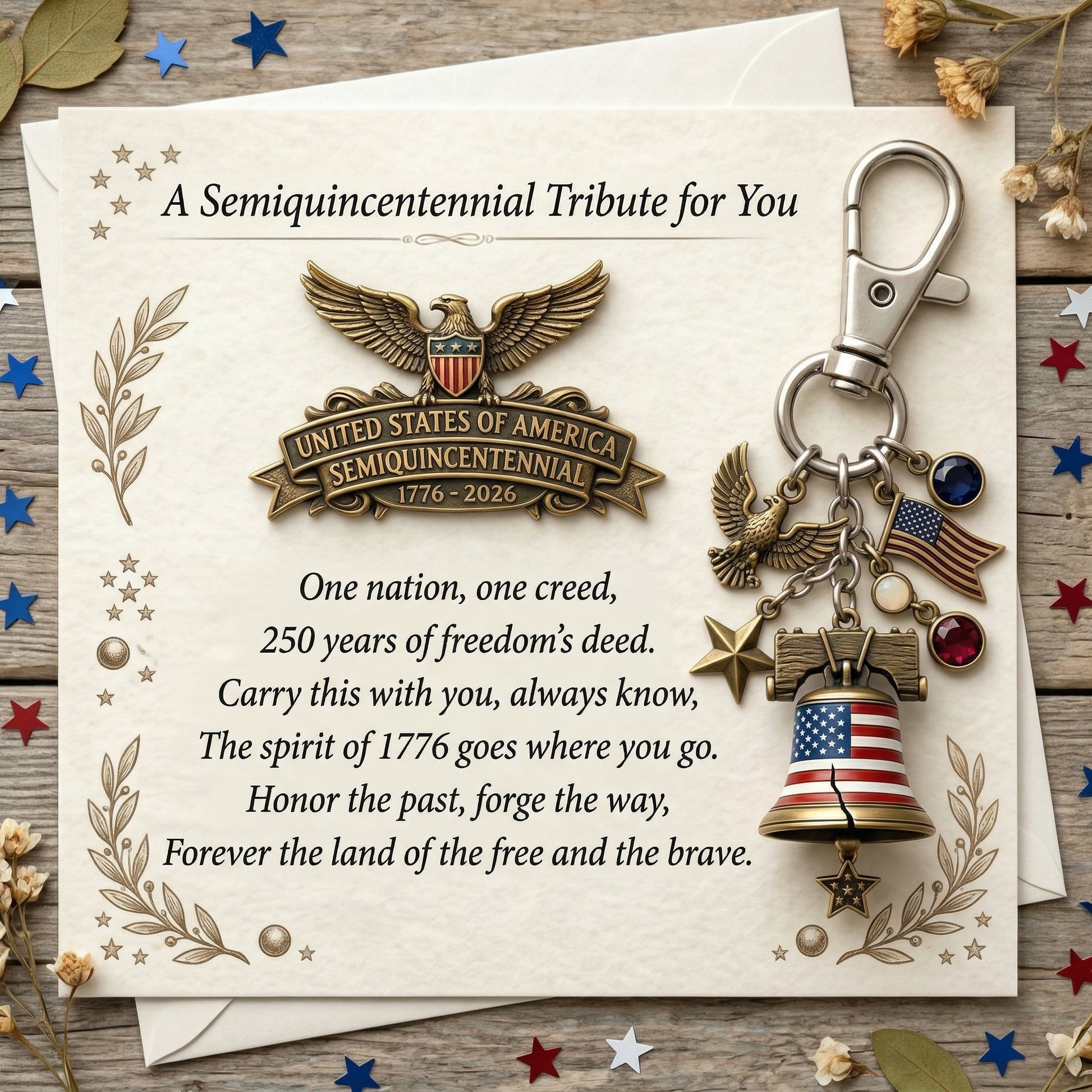 🇺🇸 Semiquincentennial Tribute Set: Card + Lapel Pin + Keychain