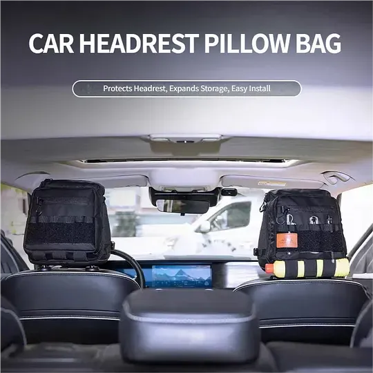 Tactical vehicle storage bag, rear seat headrest extended storage bag, suitable for camping and off-road gear storage.