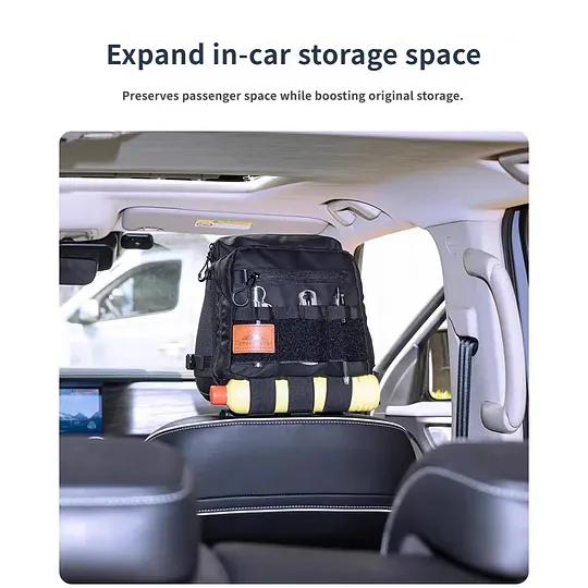 Tactical vehicle storage bag, rear seat headrest extended storage bag, suitable for camping and off-road gear storage.