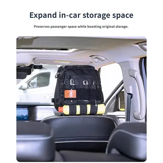 Tactical vehicle storage bag, rear seat headrest extended storage bag, suitable for camping and off-road gear storage.