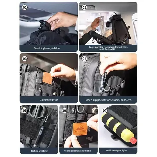 Tactical vehicle storage bag, rear seat headrest extended storage bag, suitable for camping and off-road gear storage.