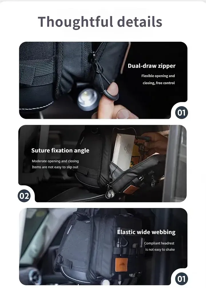 Tactical vehicle storage bag, rear seat headrest extended storage bag, suitable for camping and off-road gear storage.