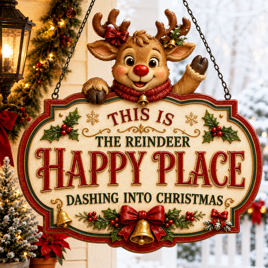 🔥Limited time 70% OFF -🎅✨Christmas Happy Place Wooden Hanging Sign – Festive Door & Covered Porch Décor