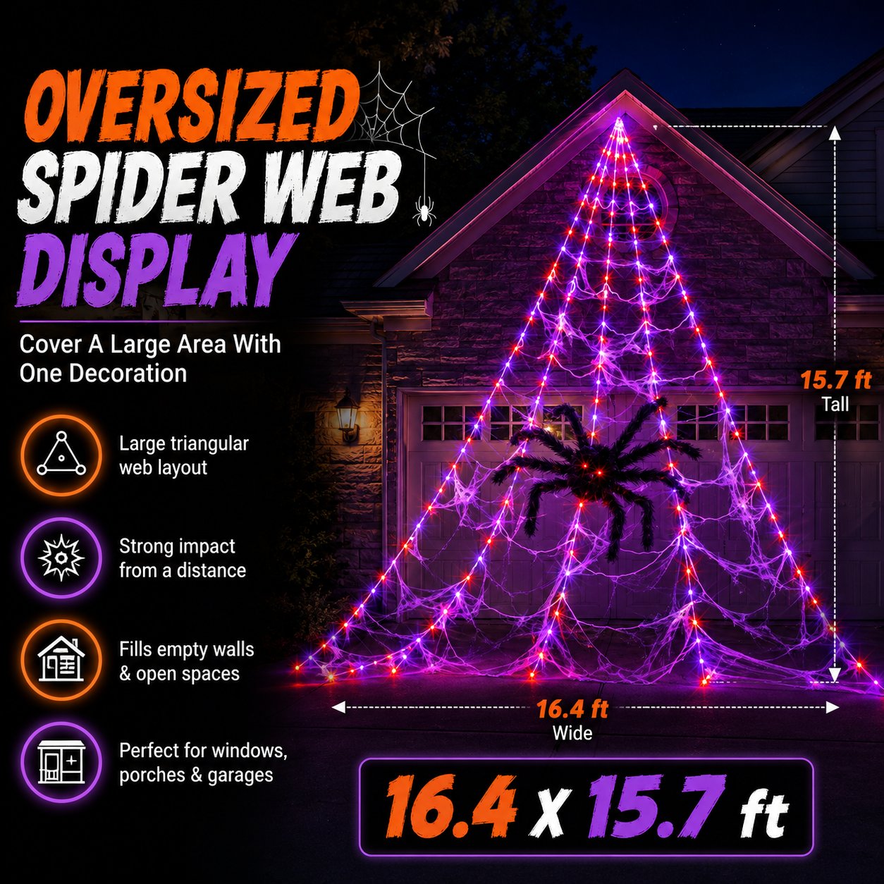 Halloween LED Spider Web Lights & Giant Black Spider Decor | 250 LEDs, 8 Modes, Remote Control