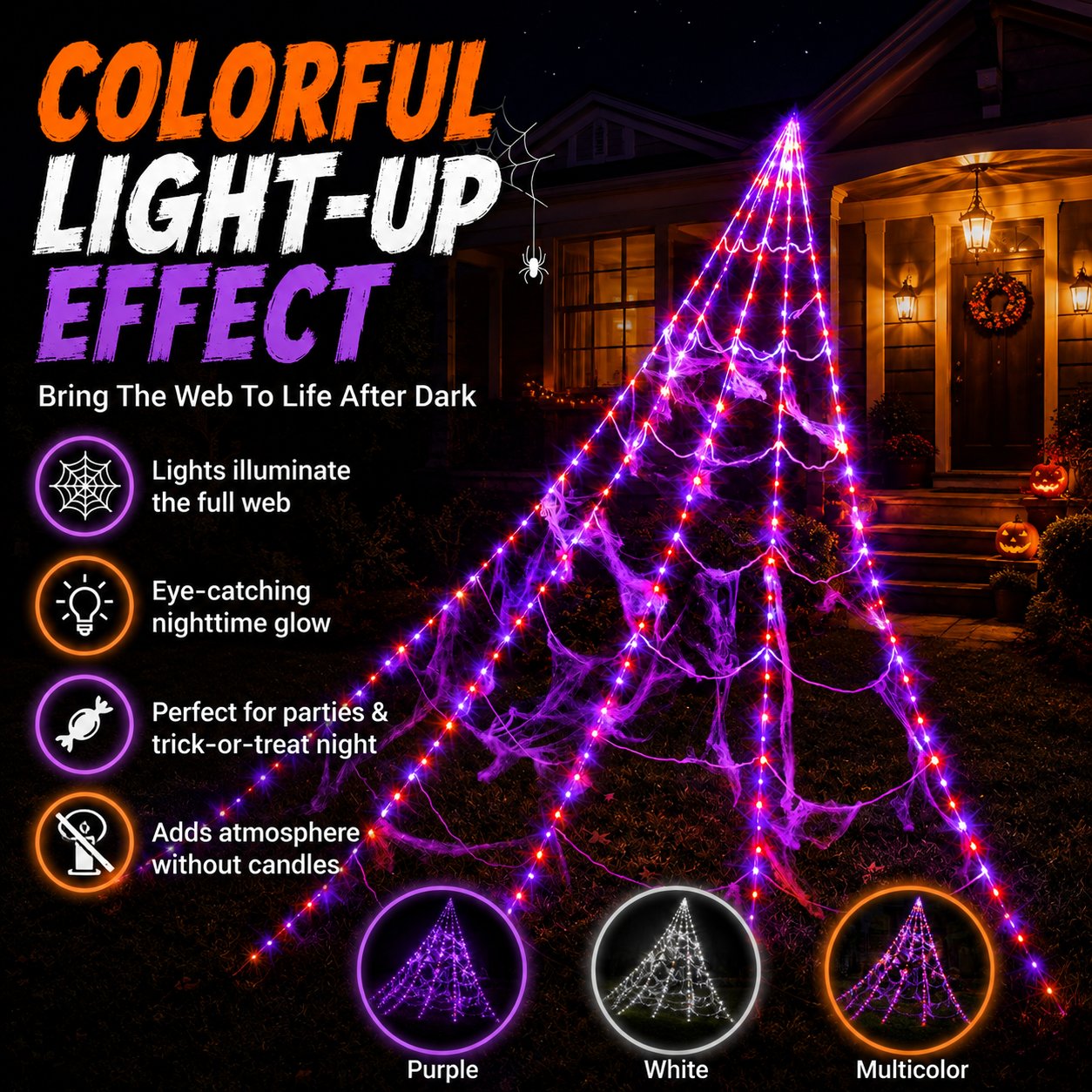 Halloween LED Spider Web Lights & Giant Black Spider Decor | 250 LEDs, 8 Modes, Remote Control