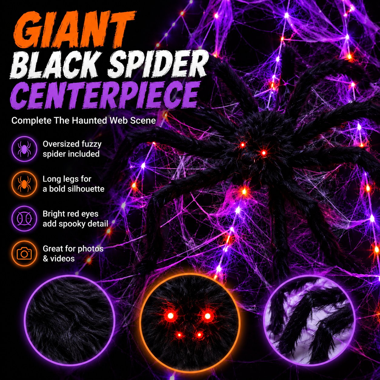 Halloween LED Spider Web Lights & Giant Black Spider Decor | 250 LEDs, 8 Modes, Remote Control