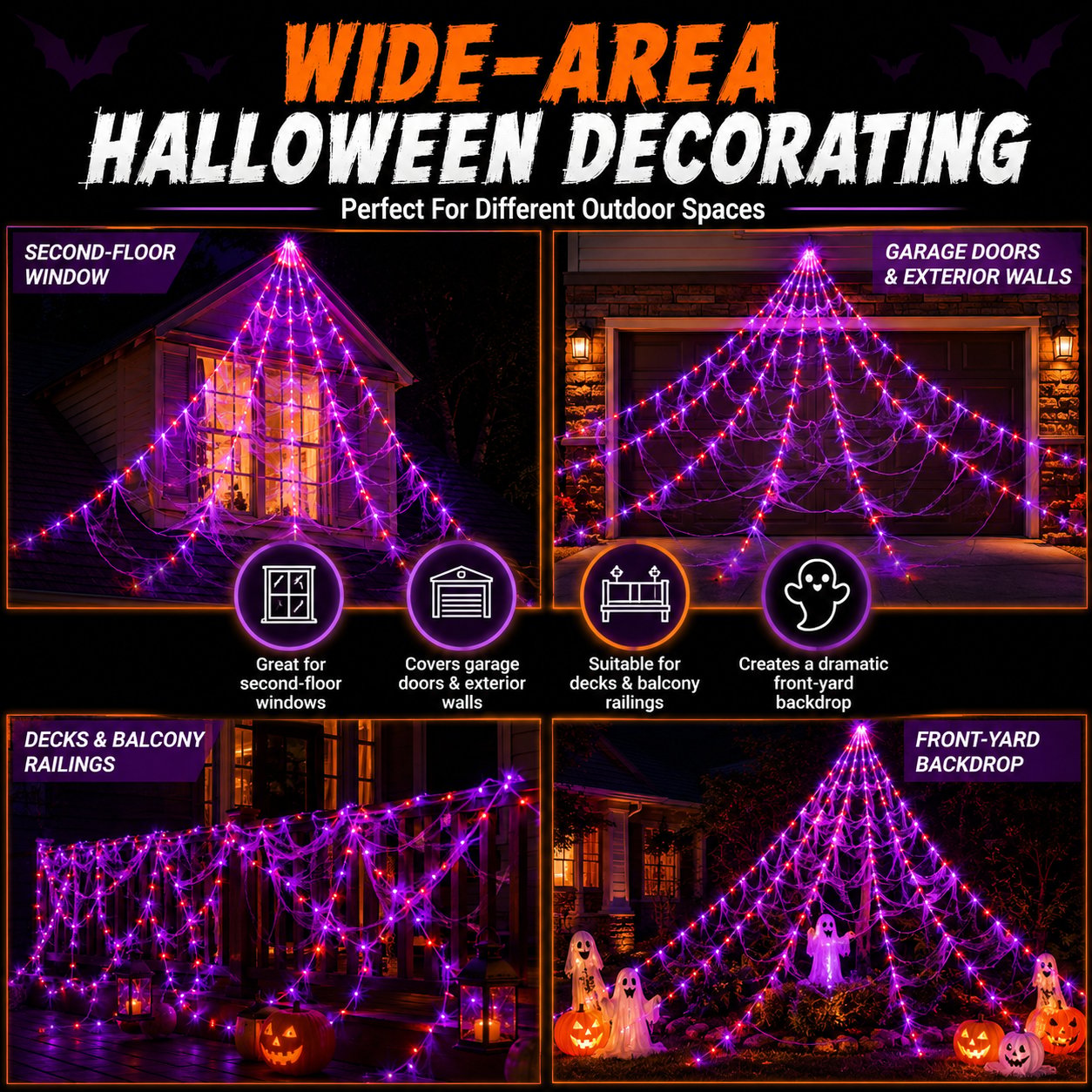 Halloween LED Spider Web Lights & Giant Black Spider Decor | 250 LEDs, 8 Modes, Remote Control