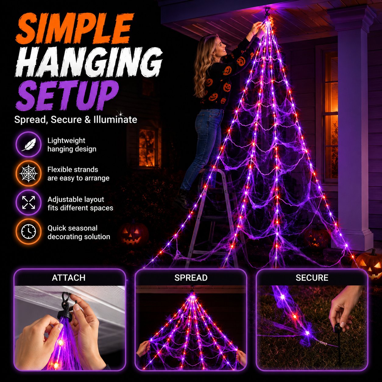 Halloween LED Spider Web Lights & Giant Black Spider Decor | 250 LEDs, 8 Modes, Remote Control