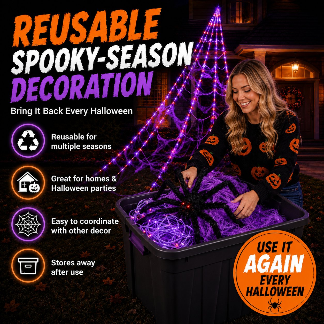 Halloween LED Spider Web Lights & Giant Black Spider Decor | 250 LEDs, 8 Modes, Remote Control