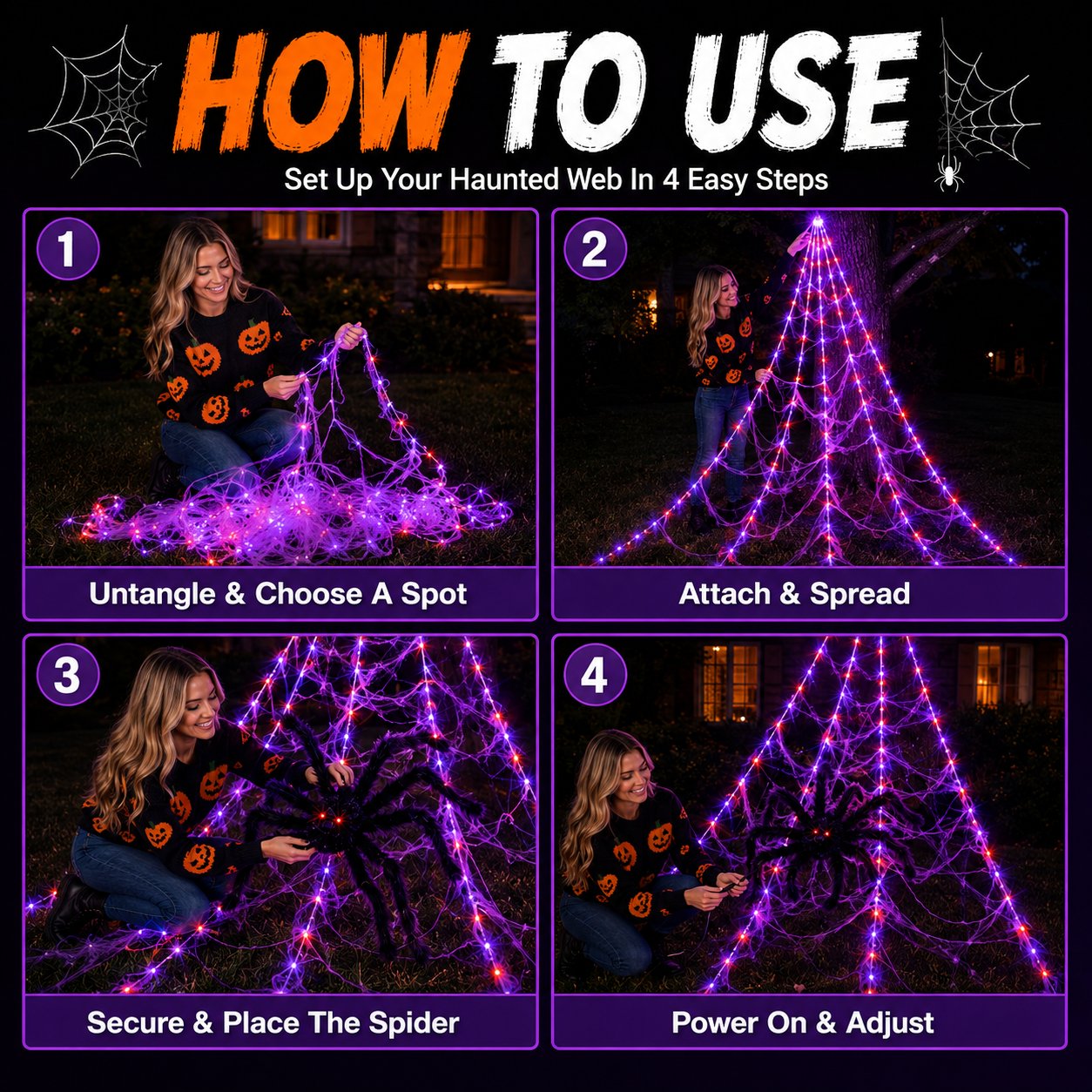 Halloween LED Spider Web Lights & Giant Black Spider Decor | 250 LEDs, 8 Modes, Remote Control