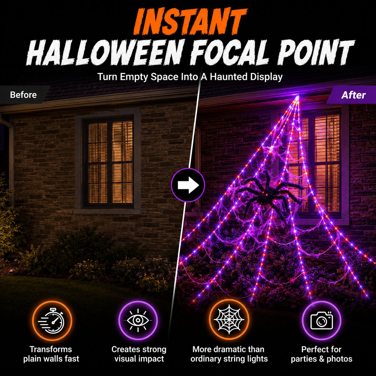 Halloween LED Spider Web Lights & Giant Black Spider Decor | 250 LEDs, 8 Modes, Remote Control