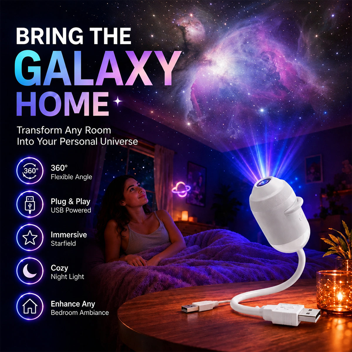 Star projector filling a bedroom with a colorful galaxy