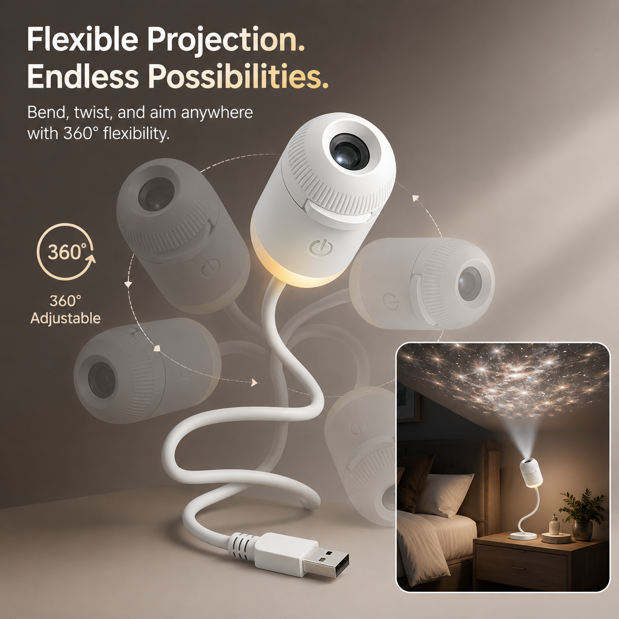 Flexible star projector neck shown at several angles