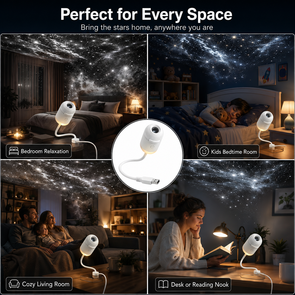 Star projector used in bedroom, living room, movie night, and reading corner scenes